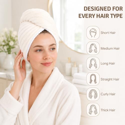 2 Pack Microfiber Hair Towel Wraps, Quick Dry Turbans, White & Pink - Image 4