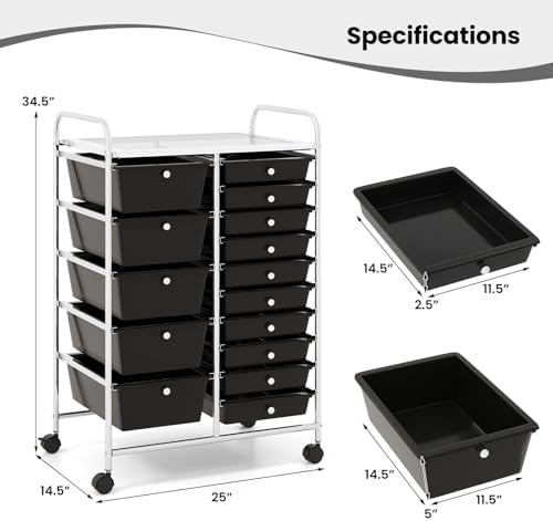 Giantex 15 Drawer Rolling Storage Cart Tools Scrapbook Paper Office School Organizer, Black - Image 3