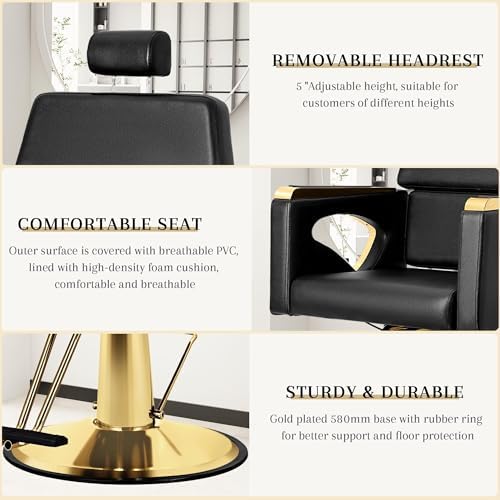 Barber Salon Chair for Hair Stylist, all Purpose Salon Chair Black & Gold - Image 3