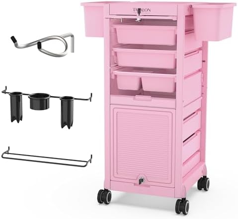 TASALON Pink Lockable Salon Cart with Wheels, Beauty Salon Station Trolley with 6 Drawers & Heat-Resistant Tool Holders, Rolling Barber Organizer for Hair Stylist, Spa & Tattoo Studio by TASALON
