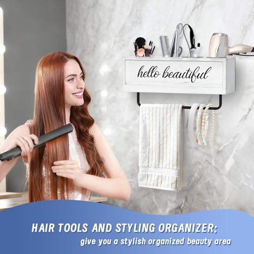 Hair Dryer Holder Wall Mounted, Hair Tools and Styling Organizer with Towel Bar, Farmhouse Beauty Hair Appliance Holder for Flat Iron, Curling Wand, Towel Rack (White) - Image 3