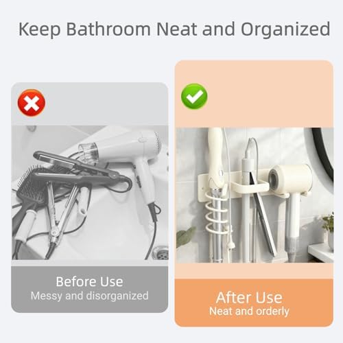 Hair Dryer Holder Wall Mounted Blow Dryer Holder Curling Iron Holder Straightener Holder 3 in 1 Bathroom Metal Hair Tool Organizer Rack (Pure White) - Image 5