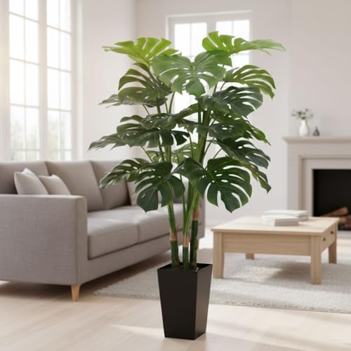 Aveyas 4ft Tall Artificial Monstera Deliciosa Plants, 4 ft Faux Swiss Cheese Plants Fake Silk Tree with Pot for Indoor Outdoor Office House Living Room Home Decor (4 Feet Tall Including Raised Pot) - Image 5