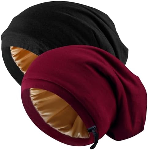 2 Pcs Adjustable Silk Hair Bonnet for Sleeping, Satin Lined Sleep Cap for Women and Men, Silk Hair Wrap Slouch Beanie. by Unknown