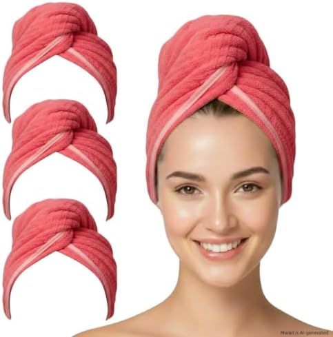 3 Pack Red Microfiber Hair Towel Wrap, Super Absorbent Quick Dry Hair Turban for Women, 10x26 Inches Soft Hair Drying Cap for Long Thick Curly Hair, Shower Bath Travel by YHPDYL