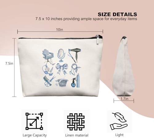 Blue Chinoiserie Bow Hairstylist Makeup Bag, Cosmetology Student Gift for Women, Cute Hairdresser Travel Pouch, Aesthetic Blue Toile Salon Organizer for Teen Girls, 7.5 x 10 in - Image 2