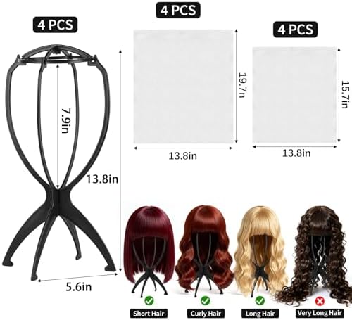 Tecbeauty 4Pcs Wig Stand with 8Pcs Wig Dust Bag, Portable Wig Holder Wig Head Stand for Women Multiple Wigs (Black) - Image 2