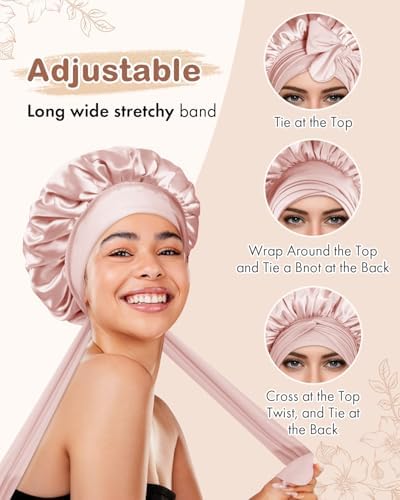 BONNET QUEEN Small Double Layer Silk Bonnet for Sleeping for Women Satin Lined Bonnet Night Cap for Short Thin Hair with Tie Band, Cream Pink - Image 4
