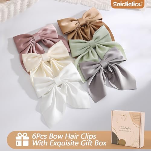 Seiolieliou 6Pcs Hair Bows for Women, Silky Satin Bow Hair Clips for Girls - Image 5