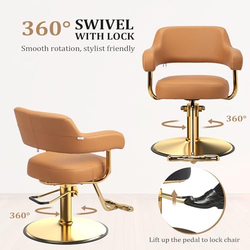 OmySalon Barber Chairs for Barbershop Brown and Gold Styling Chair, Salon Chair for Hair Stylist Heavy Duty Hydraulic Pump, 360°Swivel with Footrest, Hairdressing Home Beauty Spa Braiding Equipment - Image 6