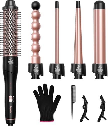 Lopeie 5 in 1 Curling Iron with Thermal Brush and 4 Interchangeable Ceramic Barrels(1/2 to 1 1/2 inch), Curling Wand Set, Fast Heating, Dual Voltage Hair Curler, Gifts for Women by Lopeie