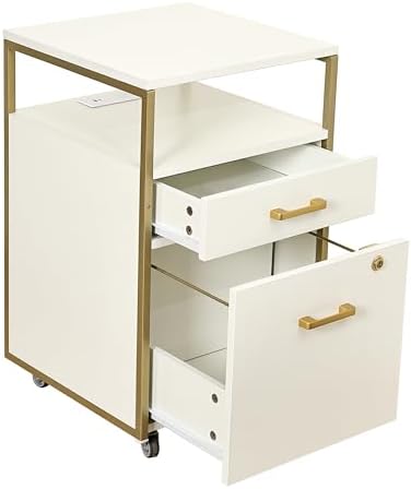 Techni Mobili Salon Storage Cabinet with Lock, 2 Drawer Organizer with USB Ports and Power Outlet, for Hair & Nail Supplies, Ideal for Professional Salons & Spas, White & Gold - Image 5