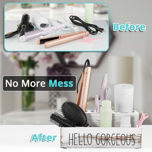 Bivvclaz Hair Tool Organizer, Rustic White Wood Hair Dryer Holder Countertop, Wall Mount Hot Tools Organizer for Hair Styling Accessories, Bathroom Supplies Vanity Caddy for Curling Wand, Blow Dryer - Image 4
