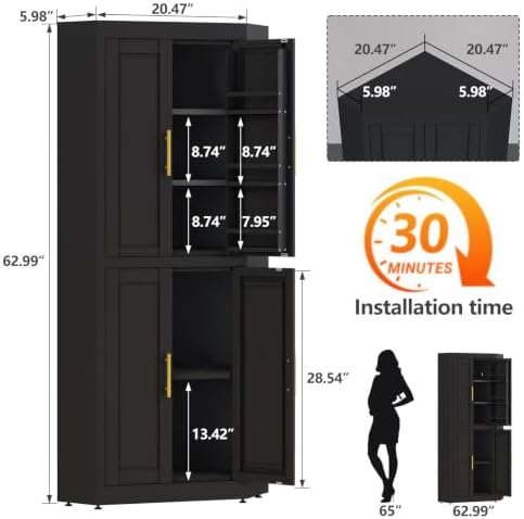 GAIOUS 63" Metal Corner Kitchen Pantry Cabinet, Food Storage Cupboard Black - Image 2