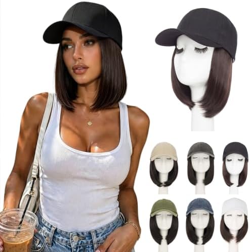 Rich Choices Hat Wigs for Women,Black Baseball Cap with Hair Extensions for Women,Short Bob Hairstyle Caps with Straight Synthetic Hair Attached Adjustable Baseball Cap Wig 6 Inch-Dark Brown Hair by RichChoices