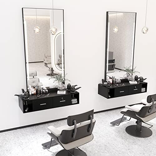 OmySalon Wall Mount Styling Station for Hair Stylist,Beauty Barber Spa Equipment,Salon Cabinet Station with Locking Drawers,Bathroom Dresser with 5 Hair Dryer Holders, Black - Image 2