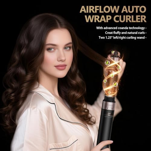 Hair Dryer Hot Air Styler: Auto Wrap Curling Wand 1 1/4 Inch Automatic Hair Curler, Ceramic Negative Ionic Blow Dryers Fast Drying Tools Set with Extra Long Barrel for Styling Waves (Black) - Image 2