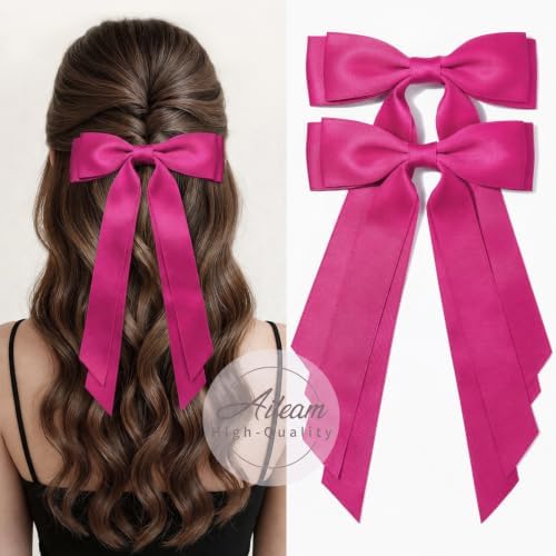 2PCS Rose Pink Hair Bows, Large Ribbon Bow Hair Clips for Girls Women Cute Ponytail Holder Accessories for Toddlers Kids Teens - Image 6