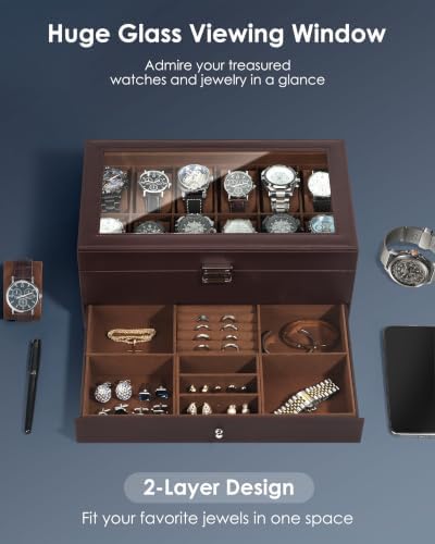 Kukikan Mens Watch Box Jewelry Organizer,12-Slot 2-Layer Watch Case -Brown - Image 2