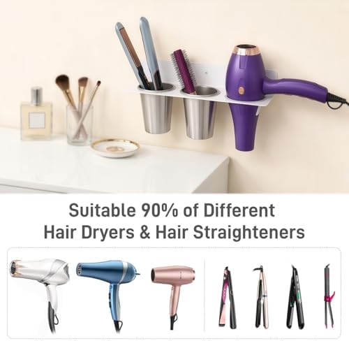 Hair Tool Organizer Wall Mount, Aluminum Alloy Curling Iron Holder Wall Mount, Hair Dryer and Straightener Holder with 2 Stainless Steel Cups 3-in-1 Storage for Bathroom Vanity Salon White PTALSEAW - Image 2