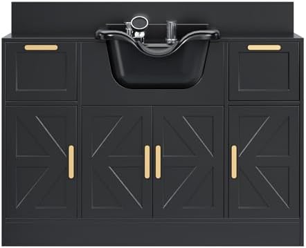 OmySalon Salon Station, Barber Station for Hair Stylist, Storage Cabinet with Shampoo Bowl, Drawer, Backwash Sink, UPC Certified Sprayer Faucet, for Beauty Salon Spa, Black by OmySalon