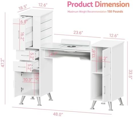 Kikihouse Nail Desk Manicure Table with Dust Collector & Glass Top (White) - Image 3