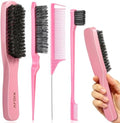 Boar Bristle Slick Back Hair Brush Set to Tame Flyaways & Sleek Styles by Unknown