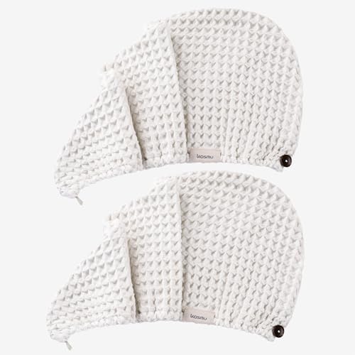Luxury Organic Japanese Cotton Hair Drying Waffle Towel Wrap for Women | Absorbent, Quick-Dry Head Turban for Shower, Sauna, Spa | Extra Large for Long, Curly, Straight Hair With Button (White, 2 Pc) by KOSMU