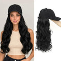 Hat Wig Baseball Cap with Long Wavy Wig Layered Black Curly Wave Hair by Yunkang