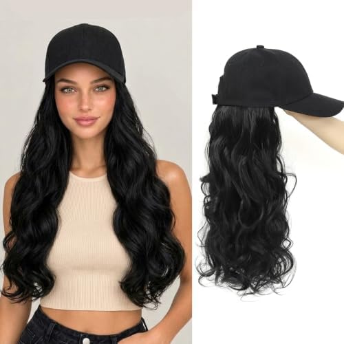 Hat Wig Baseball Cap with Long Wavy Wig Layered Black Curly Wave Hair by Yunkang