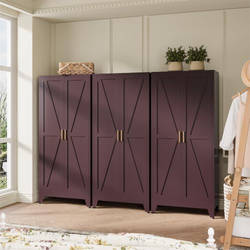 Metal Pantry Cabinet, Cherry Red Kitchen Storage Cabinets with 2 Barn Door - Image 2