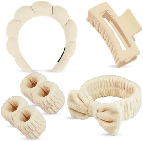 7 Pcs Spa Set, Facial Headband and Wristband Set, Skincare Accessories, College Style Girl Idea Gifts, Hair Accessories for Women and Girls (Khaki) by Unknown