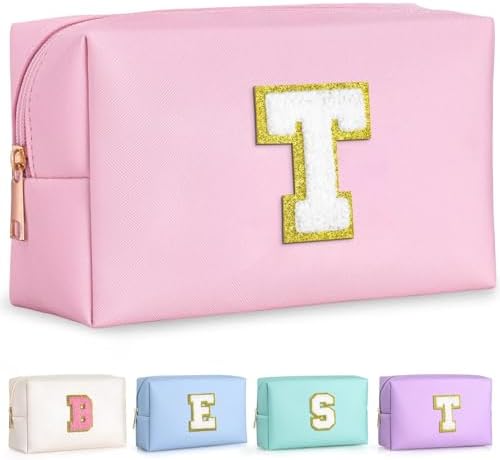 TOPEAST Dorm Room Essentials for Girls - Pink Initial Makeup Bag, College Essentials PU Leather Bag | Travel Car Essentials | Cute Stuff Birthday Gift for Friends Sister (Pink T) by TOPEAST
