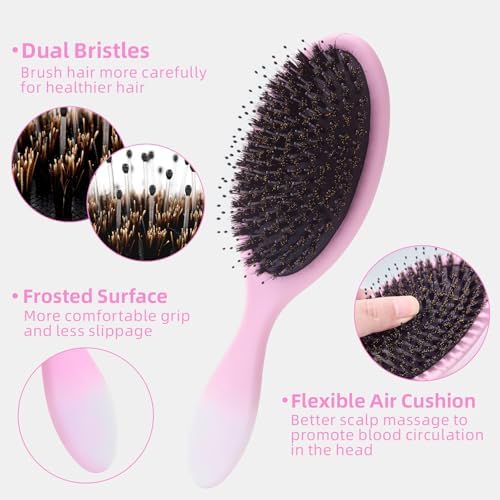 Boar Bristles Hair Brush for Women and Men, Detangling Hair Brush for Smoothing Massage Add Shine, Nylon&Boar Bristles Detangler brush for Hair Healthy (1 Pcs-Pink&White) - Image 3