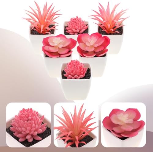 Woration 6Pcs Mini Artificial Pink Plastic Succulent Fake Plants Potted - Image 4