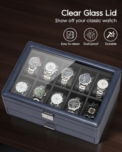 VLANDO Watch Box 10 Slots, Lockable Watch Case with Textured Leather, 2 Layer Watch Holder for Rings, Glasses, Mens Jewelry Box with Glass Lid, Removable Divider, Gifts for Father, Husband, Blue - Image 5