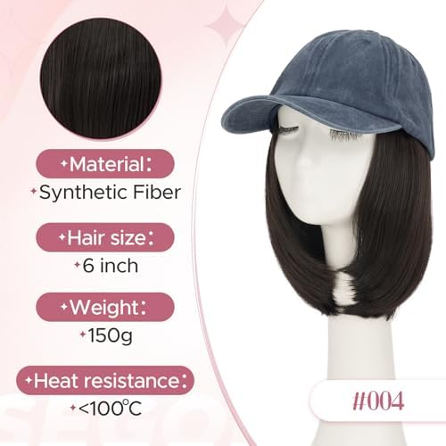 SEGO Unisex Vintage Baseball Cap with Hair Extensions for Women Synthetic Hair Attached Short Straight Hairpiece Denim Blue Baseball Cap Wig Adjustable Hat Wigs for Women 6 Inch 4A Black Brown - Image 5