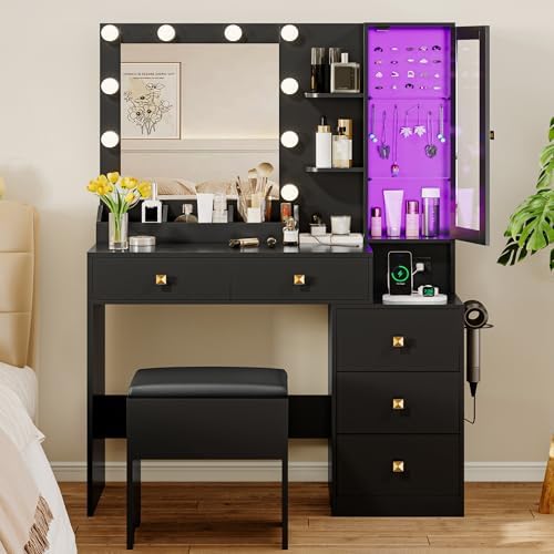 Vanity Desk with Mirror and Lights, Makeup Vanity Table Set with 5 Storage Drawers, Power Outlet & Chair, Small Dressing Table with RGB Ambient Light, Adjustable Brightness for Girls Bedroom, Black by Xixini