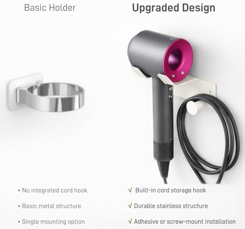 Hair Dryer Holder, Dyson Hair Dryer Holder, Blow Dryer Holder with Cord Hook SUS304 Stainless Steel Wall Mount, Self Adhesive/Screw Space Saving Hairdryer Holder for Bathroom White - Image 6