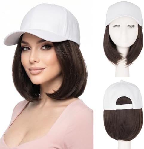 SEGO Baseball Cap with Hair Extensions for Women Heat Resistant Synthetic Hair Attached Short Straight Hairpiece White Baseball Cap Wig Adjustable Hat Wigs for Women 6 Inch 6A Dark Brown by SEGO