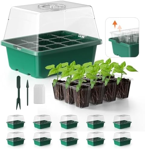 Seed Starter Tray, 10PCS Seed Starter Kit, Seedling Starter Trays with Heightened Lids for Seed Staring, Indoor Gardening Plant Germination Trays (12 Cells per Tray) Green by POROLIR