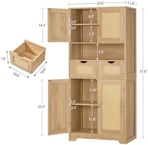 Iwell Tall Storage Cabinet with 2 Drawers & Adjustable Shelves, Rattan Cabinet, Kitchen Storage Cabinet, Pantry Cabinet with 4 Doors, Tall Cabinet for Living Room, Kitchen, Home Office, Natural - Image 3