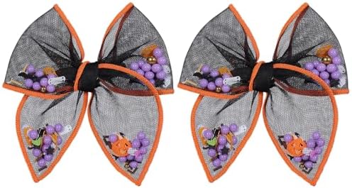 4" Halloween Black Mesh Tulle Hair Bow Clips for Girls Women, Glitter Pumpkin Ghost Bat Shaker Fable Bow Alligator Barrettes, Party Costume Dress Up Accessories, 2 Pack by Miroksh