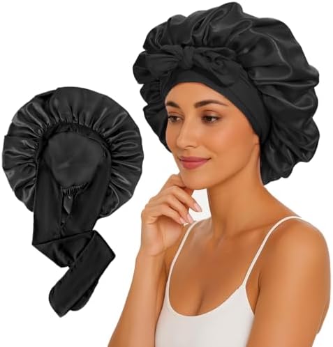 2 Pcs Large Satin Silk Bonnet for Sleeping Women, Adjustable Hair Bonnets with Tie Band, Silk Bonnet Sleep Cap for All Hair by KEPUWAY