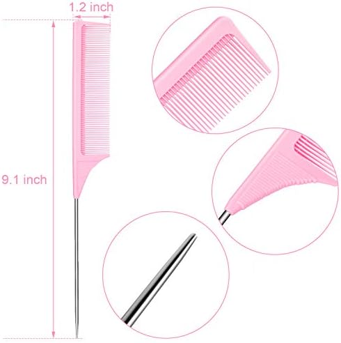 Leinuosen 3 Pack 9 Inch Rat Tail Comb with Metal Pick, Carbon Fiber,Pink - Image 2