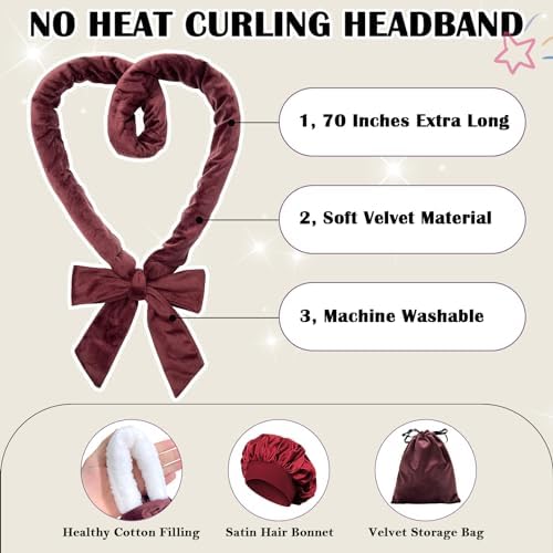 ZILAMPU Hair Curler, 70' Soft No Heat Curling Headband Wrap for Overnight Curls, Women Long Wave Curl Hair Rollers - Reddish Brown, 9 PCS Curling Rods Gifts Set - Image 3