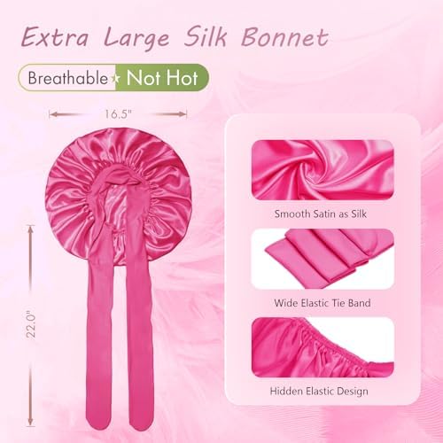 BONNET QUEEN XL Large Silk Like Bonnet for Sleeping for Curly Hair,Satin Bonnet with Adjustable Tie Band,Hot Pink - Image 3