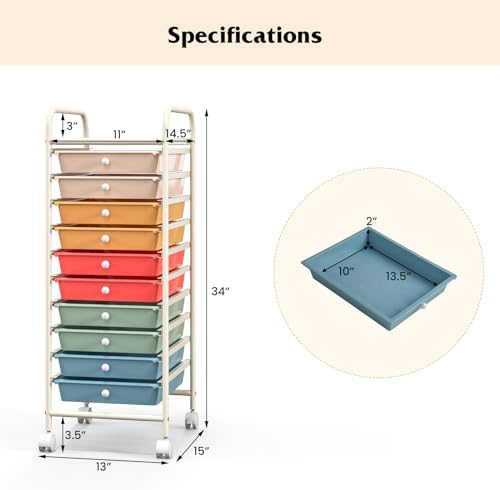 Giantex 10-Drawer Rolling Storage Cart w/Wheels, Handle, Removable Drawers, Mobile Organizer Storage Unit, Trolley Utility Cart for Home Kitchen Makeup Living Room Office Play Room - Image 3