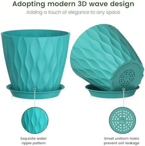 Meowell 7 inch Plant Pots for Indoor Outdoor Plants, 5 Pack Thick Flower Pots with Drainage Holes and Saucers, 3D Modern Wave Texture Plastic Planter Pots for Nursery and House Plants, Blue Green - Image 3