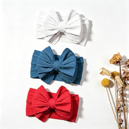 Baby Bows Headbands Red White Blue Soft Nylon Elastic Hairbands Handmade Hair Accessories for Newborn Infant Toddler Girls (3 red white blue, Large) - Image 4